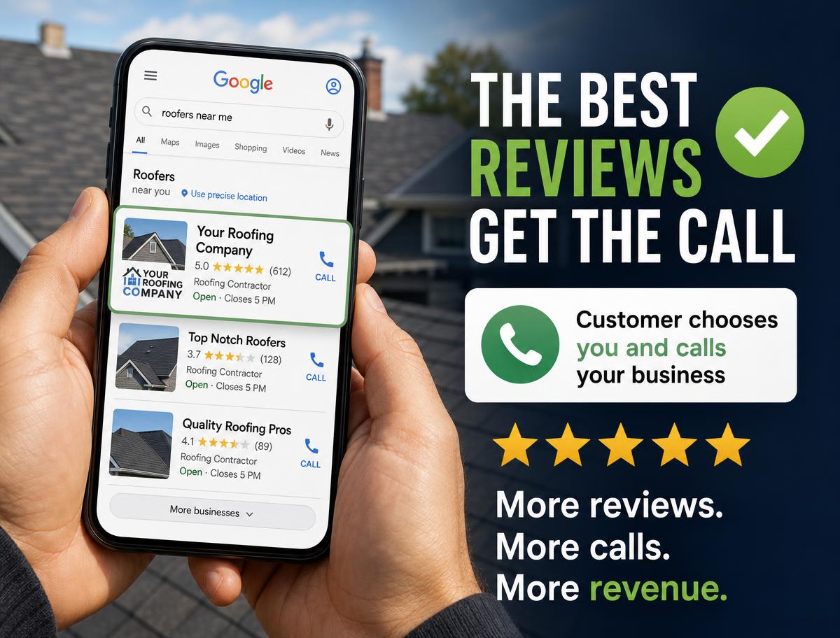Phone showing your roofing company ranked first on Google with the caption the best reviews get the call