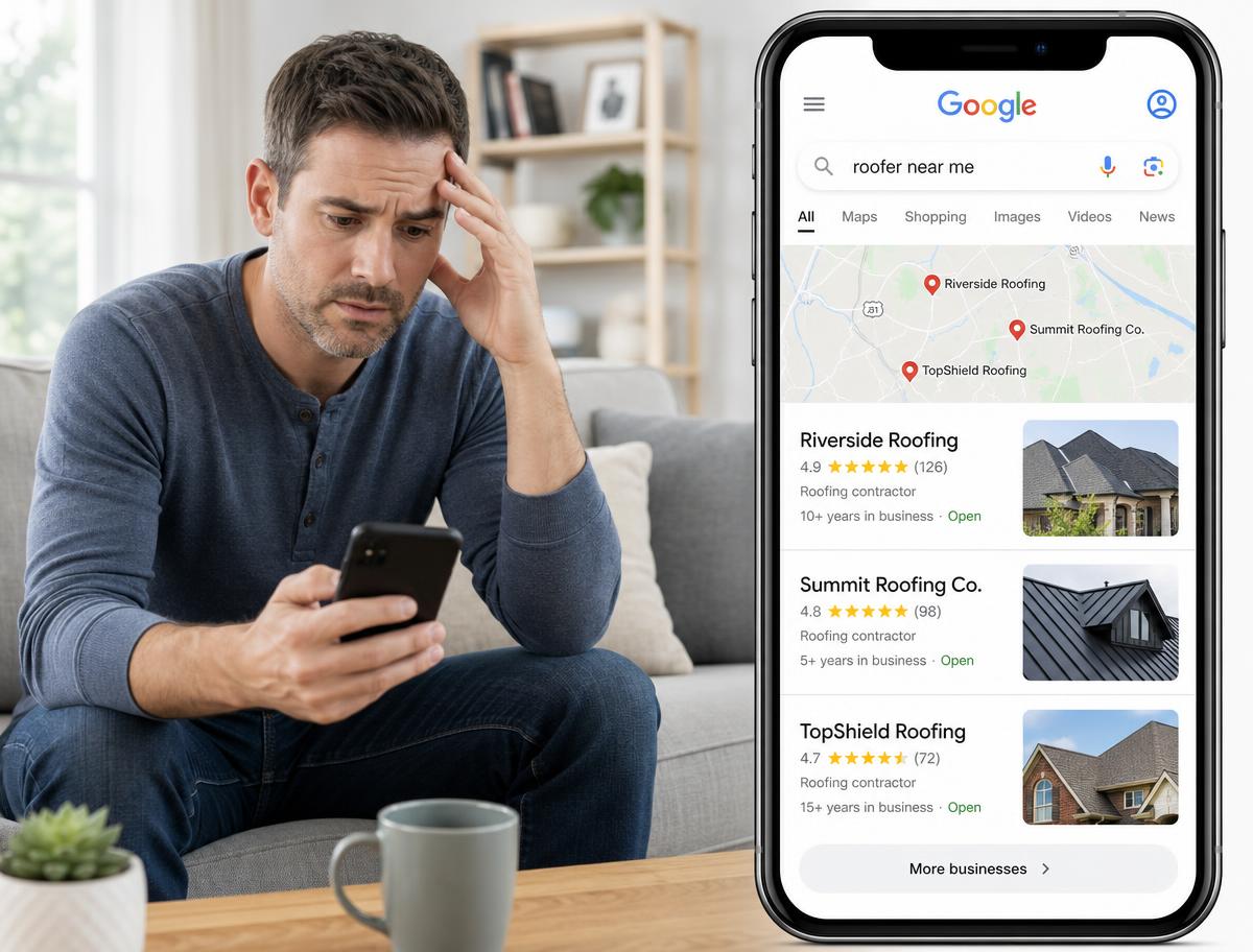 Homeowner searching Google for a roofer near me and comparing star ratings of local roofing companies