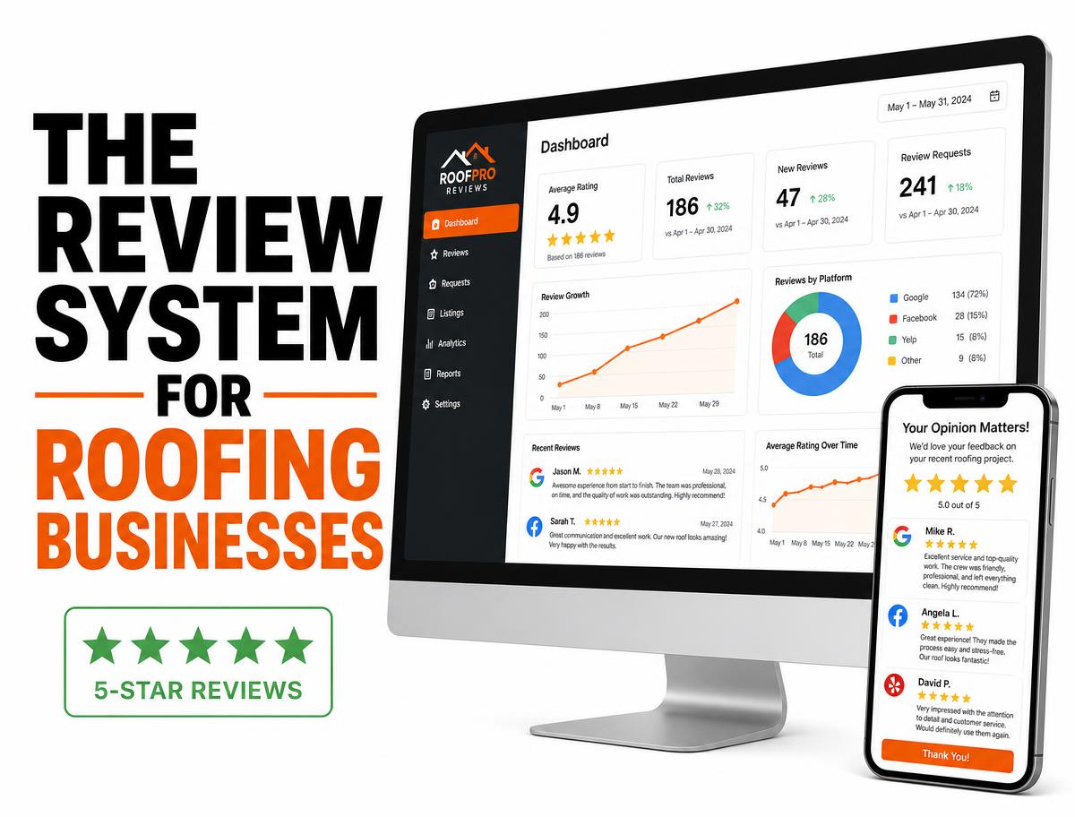 The Review System for roofing businesses shown on a desktop dashboard and phone